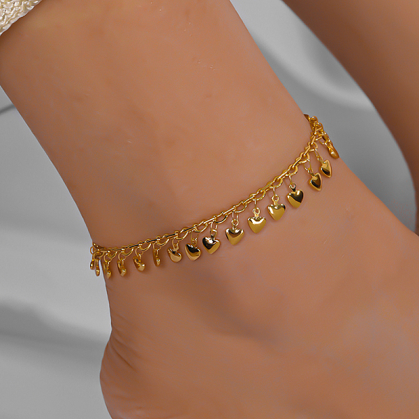 

PandaHall Beach Style Brass Heart Charm Anklets, Adjustable Anklets for Women, Real 18K Gold Plated Brass