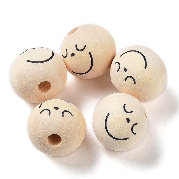 

PandaHall Printed Wood Beads, Round with Smiling Face, Undyed, Blanched Almond, 20mm, Hole: 2mm Wood Round