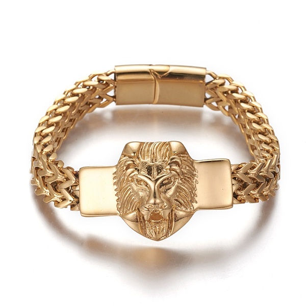 

PandaHall 304 Stainless Steel Link Bracelets, with Magnetic Clasps, Lion Head, Golden, 8-3/8 inch(21.15cm), 11.5~27.9x5.5~15.8mm 304...