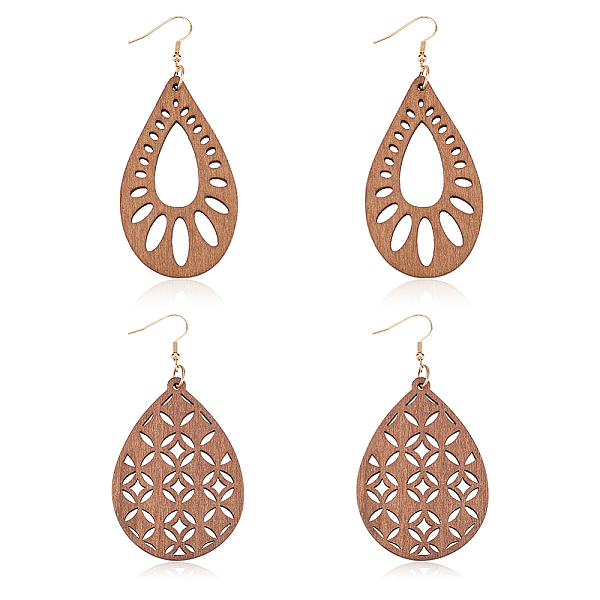 ANATTASOUL 2 Pairs 2 Style Natural Wood Hollow Out Teardrop Dangle Earrings