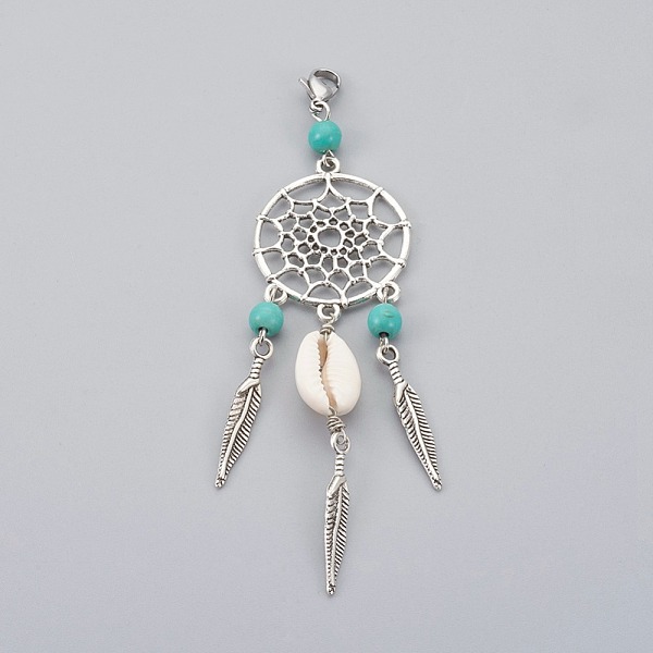 

PandaHall Synthetic Turquoise Alloy Woven Net/Web with Feather Pendant Decorations, with Cowrie Shell and 304 Stainless Steel Lobster Claw..., Green