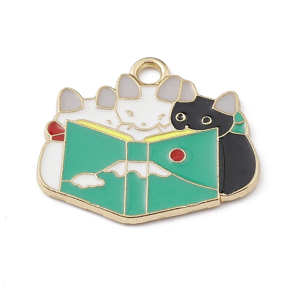 PandaHall Alloy Enamel Pendants, Golden, Cat with Book Charm, Green, 23x26x1.5mm, Hole: 2.2mm Alloy+Enamel Cat Shape Green