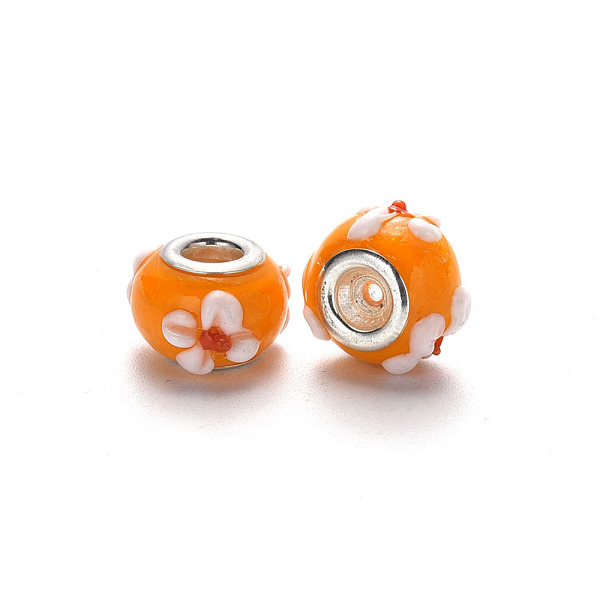 PandaHall Handmade Lampwork European Beads, Large Hole Rondelle Beads, Rondelle with Flower, Bumpy Lampwork, with Platinum Tone Brass Double...