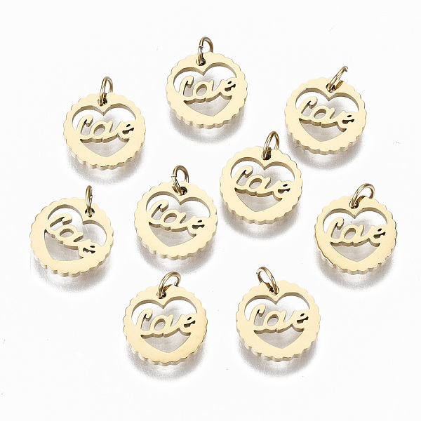 

PandaHall 304 Stainless Steel Pendants, Laser Cut, with Jump Rings, Heart with Word Love, for Valentine's Day, Real 14K Gold Plated, 9x1mm...