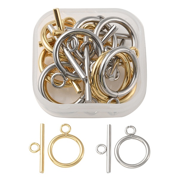 

PandaHall 10 Sets 2 Styles 304 Stainless Steel Toggle Clasps, Ring, Golden & Stainless Steel Color, Ring: 20.5~21x15.5~16x2mm, Hole: 3mm...