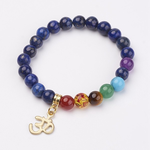 

PandaHall Lapis Lazuli Beaded Stretch Bracelets, Gemstone Beaded Charm Bracelets, with Alloy Findings, Om Symbol, 2 inch(50~53mm) Lapis...
