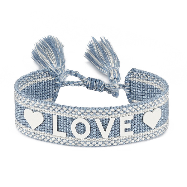 

PandaHall Silicone Word Love Pattern Braided Cord Bracelet with Polyester Tassels, Flat Adjustable Bracelet for Women, Steel Blue, Inner...