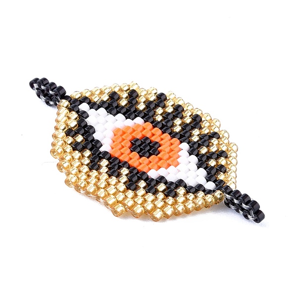 

PandaHall Handmade Seed Beads Links Connectors, with Elastic Thread, Loom Pattern, Evil Eye, Black, 25.5x43~44x1.5~3mm, Hole: 3.5mm Glass...