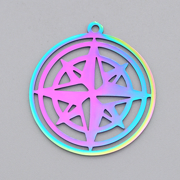 

PandaHall Ion Plating(IP) 201 Stainless Steel Pendants, Laser Cut, Ring with Star, Rainbow Color, 33x30x1mm, Hole: 1.8mm 201 Stainless Steel...