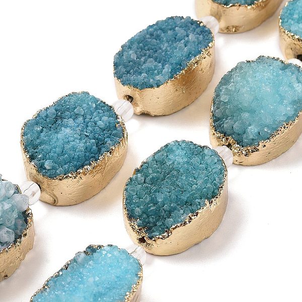 

PandaHall Golden Plated Dyed Oval Natural Drusy Quartz Crystal Beads Strands, Dark Turquoise, 30x22x5~12mm, Hole: 2mm, about 6pcs/strand, 7...