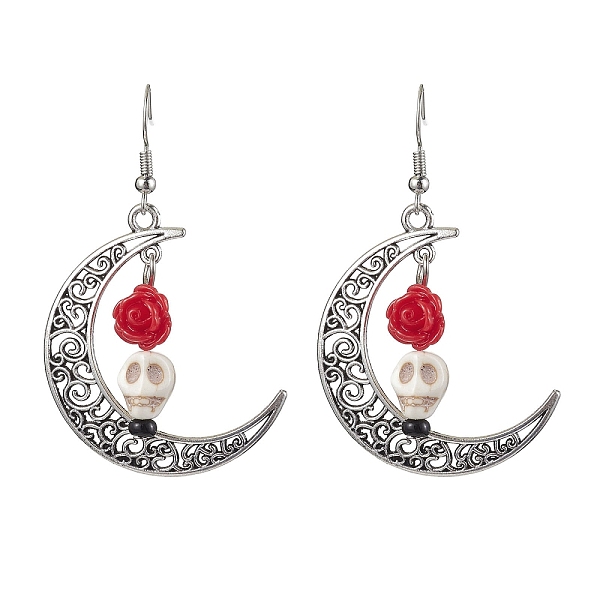 

PandaHall Halloween Alloy Synthetic Turquoise Dangle Earrings, Brass Resin Earring for Women, Moon with Skull, Red, 58x35mm Alloy Moon Red