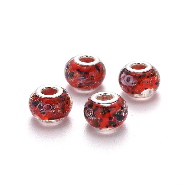 

PandaHall Handmade Lampwork European Beads, Large Hole Rondelle Beads, with Glitter Powder and Platinum Tone Brass Double Cores, Red...