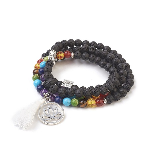 

PandaHall Dual-use Items,Natural Lava Rock Multi-strand Bracelets/Necklaces, with Alloy Findings, Mixed Stone and Resin, Lotus, Chakra..., White