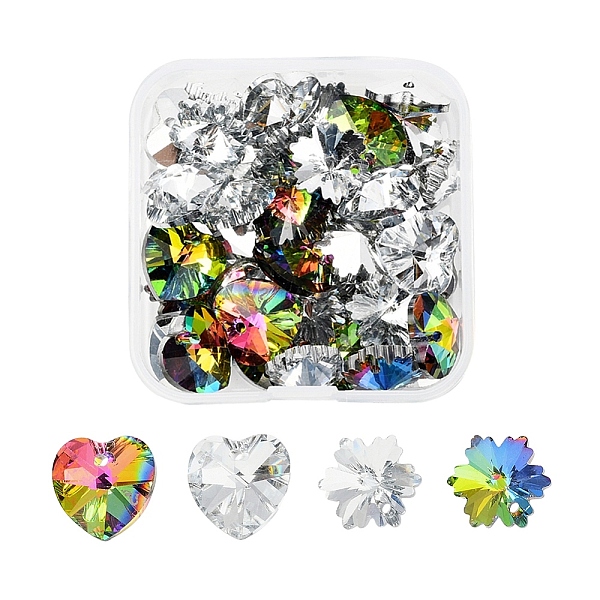 

PandaHall 40Pcs 4 style Electroplated Glass Pendants, Silver Plated Bottom, Faceted, Heart & Snowflake, Mixed Color, 14x12~14x8mm, Hole..., Multicolor