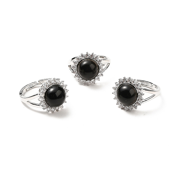 

PandaHall Natural Obsidian Adjustable Rings, Platinum Tone Flower Brass Rhinestone Rings for Women, Cadmium Free & Lead Free, US Size 8..., Clear