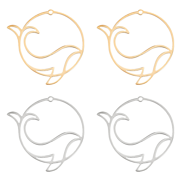 

PandaHall Unicraftale 8Pcs 2 Colors 201 Stainless Steel Pendants, Hollow, Ring with Dolphin, Golden & Stainless Steel Color, 33x33x1mm, Hole...