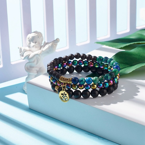 

PandaHall 3Pcs 3 Style Gemstone & Wood Round Beaded Stretch Bracelet Sets with Om Symbol Charm, Yoga Jewelry for Women, Mixed Color, Inner..., Multicolor
