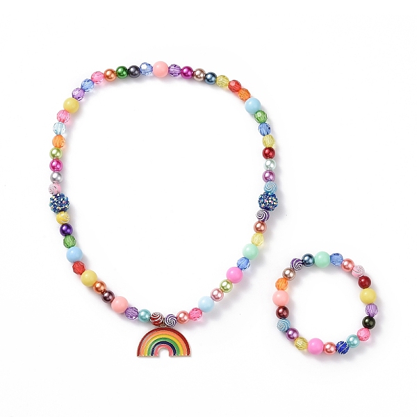 

PandaHall Rainbow Theme Bracelets & Necklaces Sets for Kids, Acrylic Beaded Stretch Bracelets & Alloy Enamel Pendant Necklaces, Mixed Color..., Multicolor