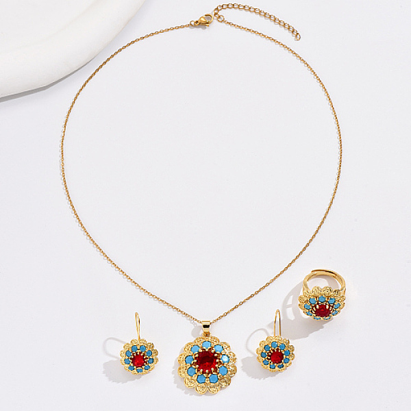 

PandaHall Flower Cubic Zirconia Jewelry Set for Women, Brass Dangle Earring & Adjustable Rings & Pendant Necklaces, Real 18K Gold Plated..., Red