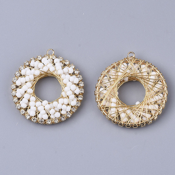 

PandaHall Handmade Woven Pendants, Wire Wrapped Pendants, with Glass Beads and Golde Brass Findings, Crystal Rhinestone, Ring, White...