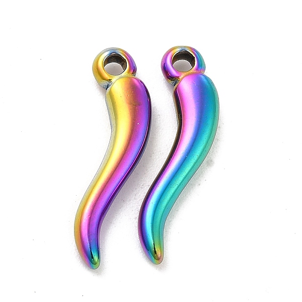 

PandaHall Ion Plating(IP) 304 Stainless Steel Pendants, Horn of Plenty/Italian Horn Cornicello Charms, Rainbow Color, 20x6x3mm, Hole: 1.6mm...