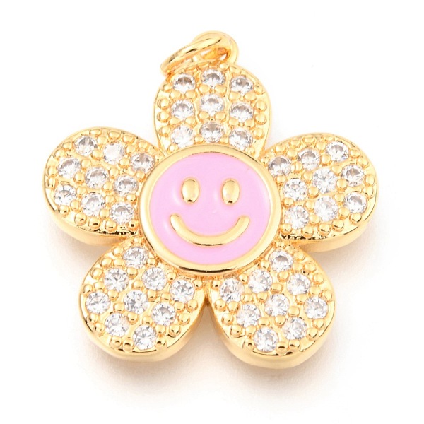 

PandaHall Brass Micro Pave Clear Cubic Zirconia Pendants, with Enamel and Jump Rings, Long-Lasting Plated, Flower with Smiling Face, Real...