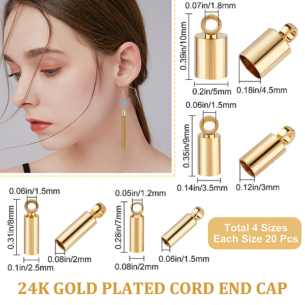 

PandaHall Beebeecraft 80Pcs 4 Size 24K Gold Plated Cord End Caps Smooth Crimp End Caps Barrel End Tip with Loop Ring for Leather Cord...