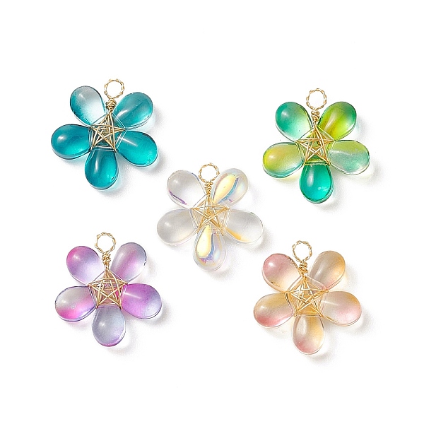 

PandaHall 5Pcs 5 Color Glass Pendant, with Golden Brass Wire Wrapped, Flower with Star, Mixed Color, 20~21x18~18.5x5mm, Hole: 3mm, 1Pc/color..., Multicolor