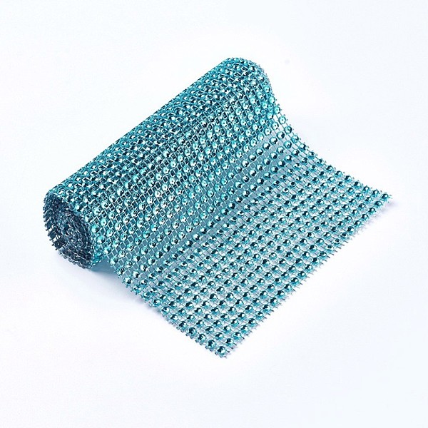 PandaHall Plastic 24 Rows Rhinestone Mesh Wrap Roll, Cake Wedding Decoration, Dark Turquoise, 90.5~91.5x11.8cm, about 4mm in diameter...