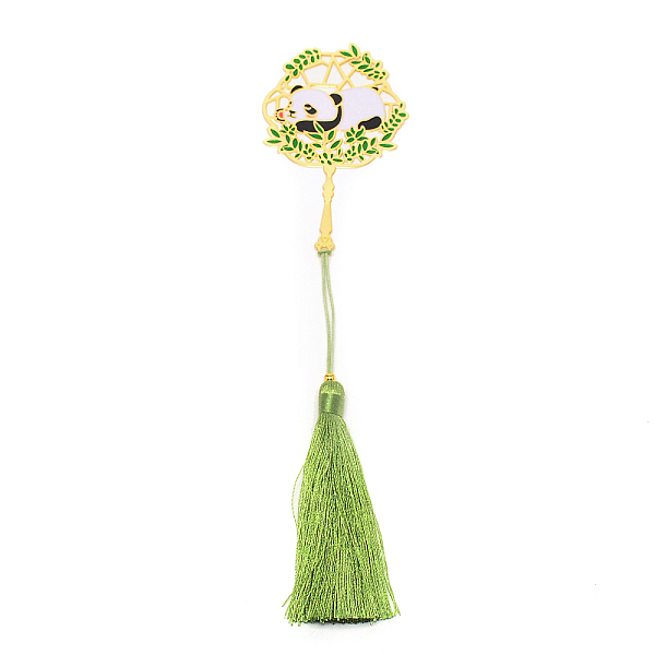 

PandaHall Panda Brass Bookmark with Tassel for Reader, Hollow-out Chinese Ancient Hand Fan Shape Bookmark, Light Gold, Green Yellow, 220mm...