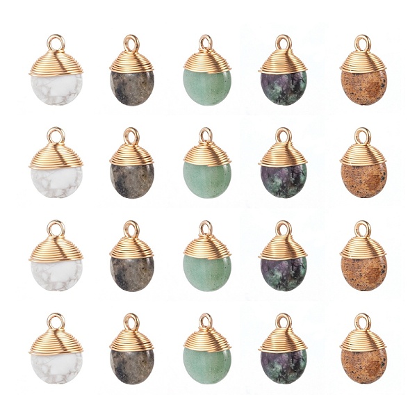 

PandaHall 10Pcs 5 Style Natural Gemstone Pendants, with Golden Tone Brass Wires and Iron Loops, Half Drilled, Flat Round, 14x10x5mm, Hole...
