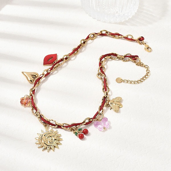 304 Stainless Steel Sun Heart Bees Red Enamel Lip Cherry Pendant Dark Red Cord Necklaces for Women