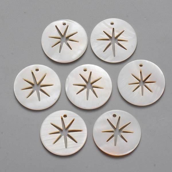 

PandaHall Natural Freshwater Shell Pendants, Flat Round with Hollow Star, 20x1.5mm, Hole: 1.4mm Freshwater Shell Flat Round
