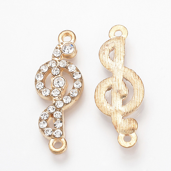 PandaHall Alloy Rhinestone Links connectors, Treble Clef, Light Gold, 27x10x2mm, Hole: 1mm Alloy+Rhinestone Musical Note Clear