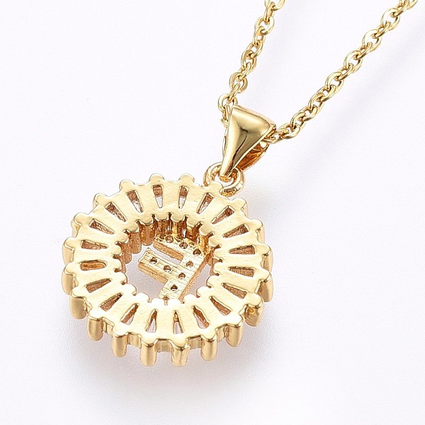 

PandaHall 304 Stainless Steel Initial Pendant Necklaces, with Cubic Zirconia, Flat Round with Letter, Golden, Letter.F, 17.71 inch(45cm)..., Clear