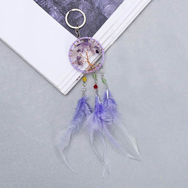 

PandaHall Natural Amethyst Tree of Life Keychain, Iron Woven Net with Feather Keychain, Medium Purple, 280mm Amethyst Tree of Life