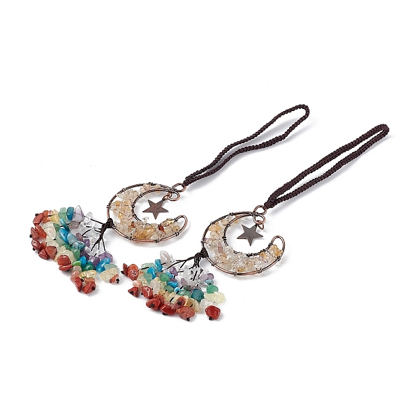 

PandaHall Natural Citrine Moon with Mixed Gemstone Chips Tassel Pendant Decorations, with Rack Plating Red Copper Plated Brass Findings...
