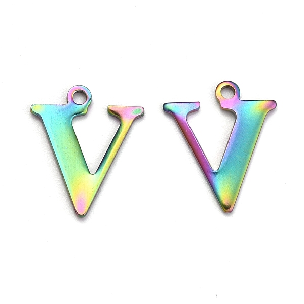 

PandaHall Ion Plating(IP) 304 Stainless Steel Alphabet Charms, Rainbow Color, Letter.V, 12x10x1mm, Hole: 1mm 304 Stainless Steel Letter V