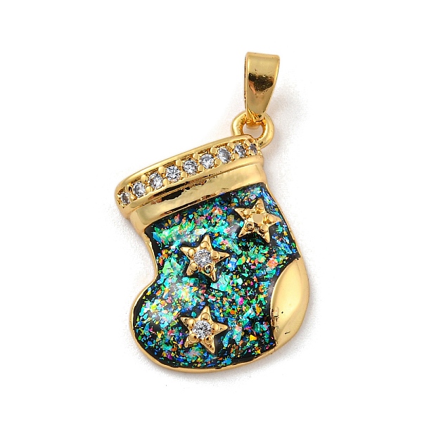 

PandaHall Christmas Brass Micro Pave Cubic Zirconia Pendant, with Synthetic Opal, Christmas Stocking, Prussian Blue, 19x16.5x4mm, Hole...