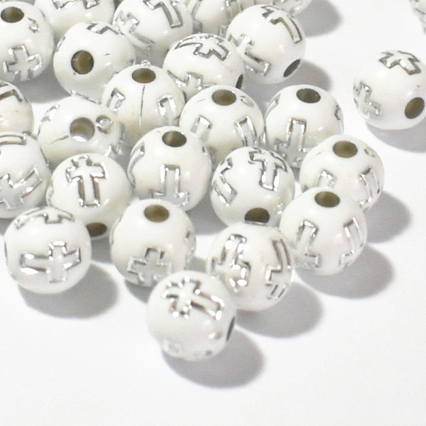 

PandaHall Plating Acrylic Beads, Round with Cross, White, 8mm, 1800pcs/bag Acrylic Round White