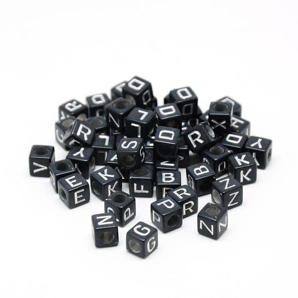 

PandaHall Opaque Plated Acrylic Beads, Metal Enlaced, Horizontal Hole, Mixed Letters, Cube, Silver Plated, 5.5~6x5.5~6x5.5~6mm, Hole: 3.5mm..., Black