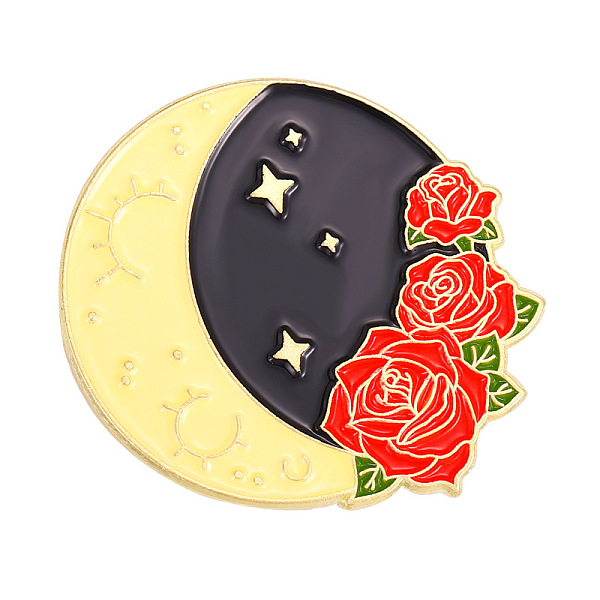 PandaHall Spring Theme Alloy Brooches, Enamel Moon & Flower Lapel Pin, for Backpack Clothes, Golden, Red, 29x31mm Alloy+Enamel Red
