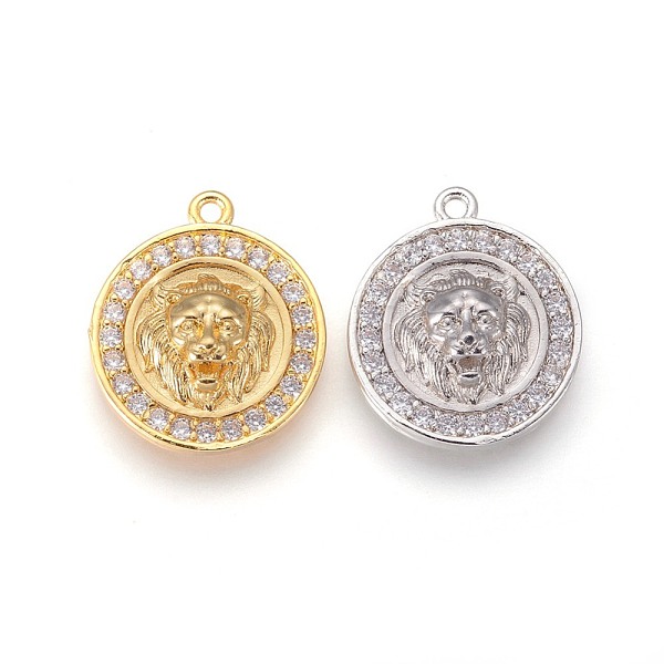 

PandaHall Brass Micro Pave Cubic Zirconia Pendants, Long-Lasting Plated, Flat Round with Lion Head, Clear, Mixed Color, 18x16x4mm, Hole...