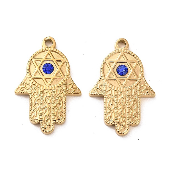 

PandaHall 304 Stainless Steel Pendants, with Sapphire Rhinestone, Hamsa Hand with Star of David Charms, Real 14K Gold Plated, 28x19x3mm..., Blue