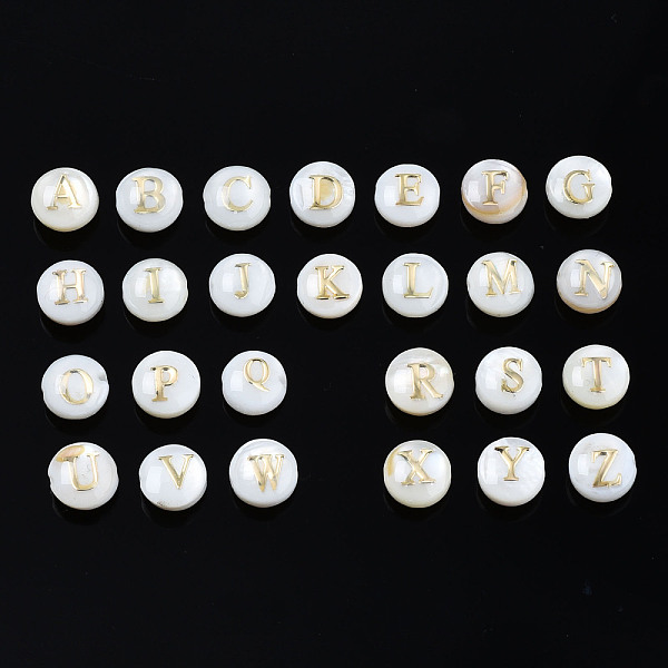 

PandaHall Natural Freshwater Shell Beads, with Golden Plated Brass Etched Metal Embellishments, Horizontal Hole, Flat Round with Letter...