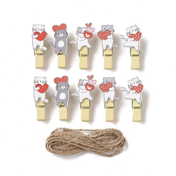 

PandaHall Cat with Heart Theme Wooden & Iron Clothes Pins, with Hemp Rope for Hanging Note, Photo, Clothes, Office School Supplies, Mixed..., Multicolor