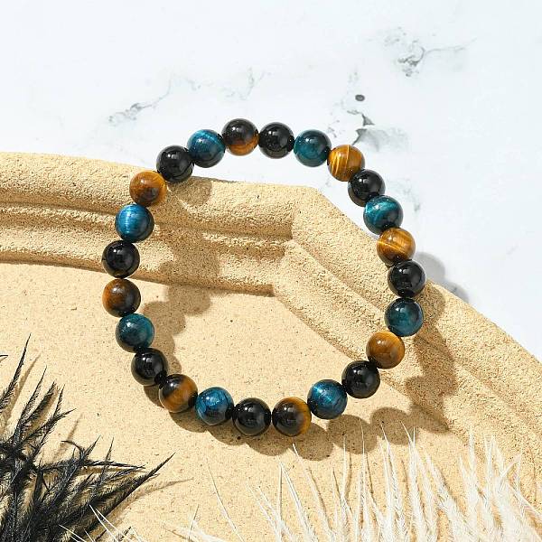 Stretch-Armbänder Aus Gefärbtem Natürlichem Tigerauge Und Schwarzem Onyx Mit Runden Perlen Für Damen