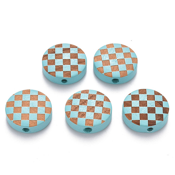 

PandaHall Painted Natural Wood Beads, Laser Engraved Pattern, Flat Round with Grid Pattern, Medium Turquoise, 15x5mm, Hole: 1.8mm Schima..., Cyan