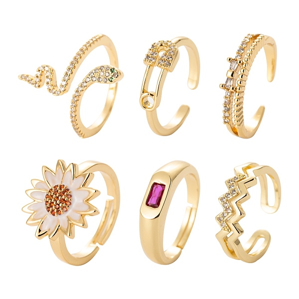 

PandaHall 6Pcs 6 Styles Brass Micro Pave Cubic Zirconia Cuff Rings, Open Rings, Long-Lasting Plated, Wave & Snake & Safety Pin Shape & Daisy..., Multicolor