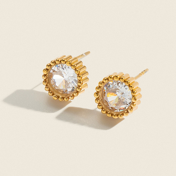 Boucles d'oreilles puces rondes en acier inoxydable 304 serties de zirconiums cubiques transparents pour femmes